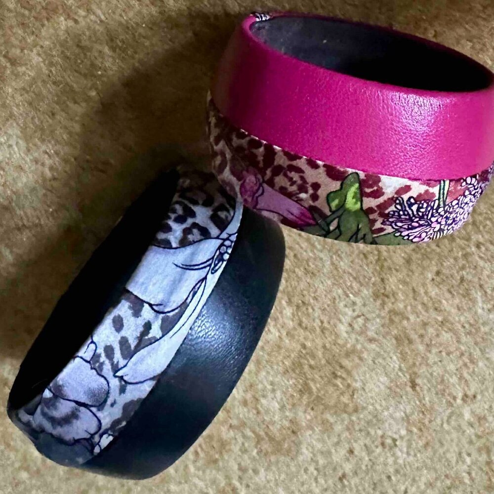 TASHA Leather + Silk Large bangle bracelet-  BLACK&WHITE colors Boho90s Y2K